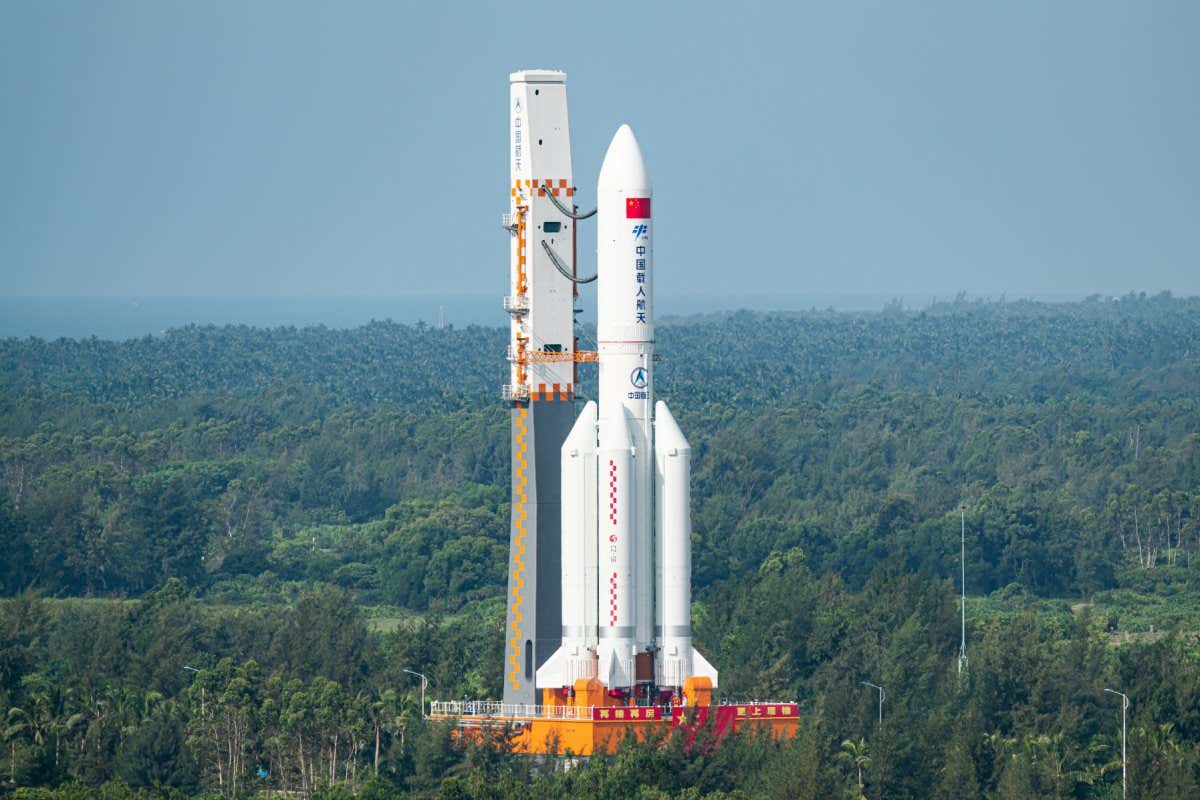 China's space station module Wentian and a Long March-5B Y3 carrier rocket at the launching area of the Wenchang Spacecraft Launch Site on 18 July 2022 in Wenchang, Hainan Province of China