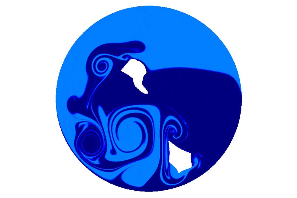 The best and most efficient way to mix two fluids may be by shakily rotating pentagonal stirrers, which have five elongated angles and move in a jagged circular motion.