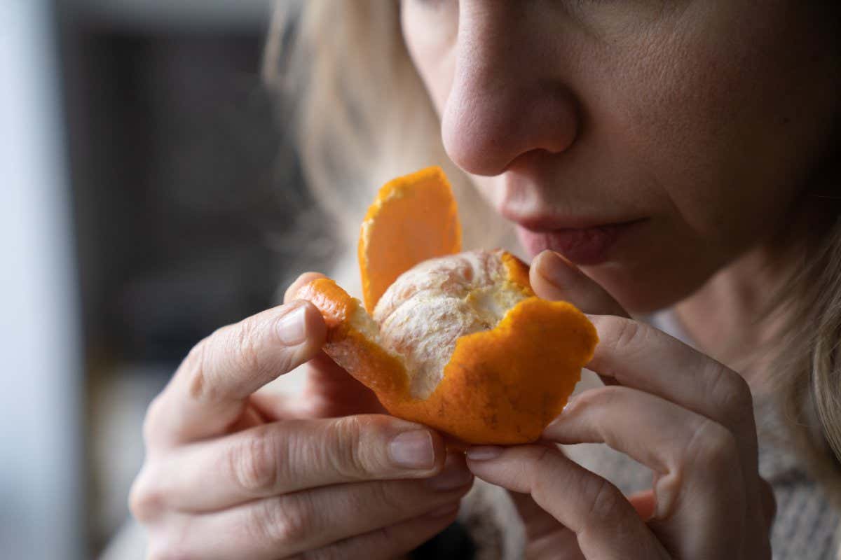 Sick woman trying to sense smell of fresh tangerine orange, has symptoms of Covid-19, corona virus infection - loss of smell and taste, standing at home. One of the main signs of the disease.; Shutterstock ID 1898515471; purchase_order: -; job: -; client: -; other: -
