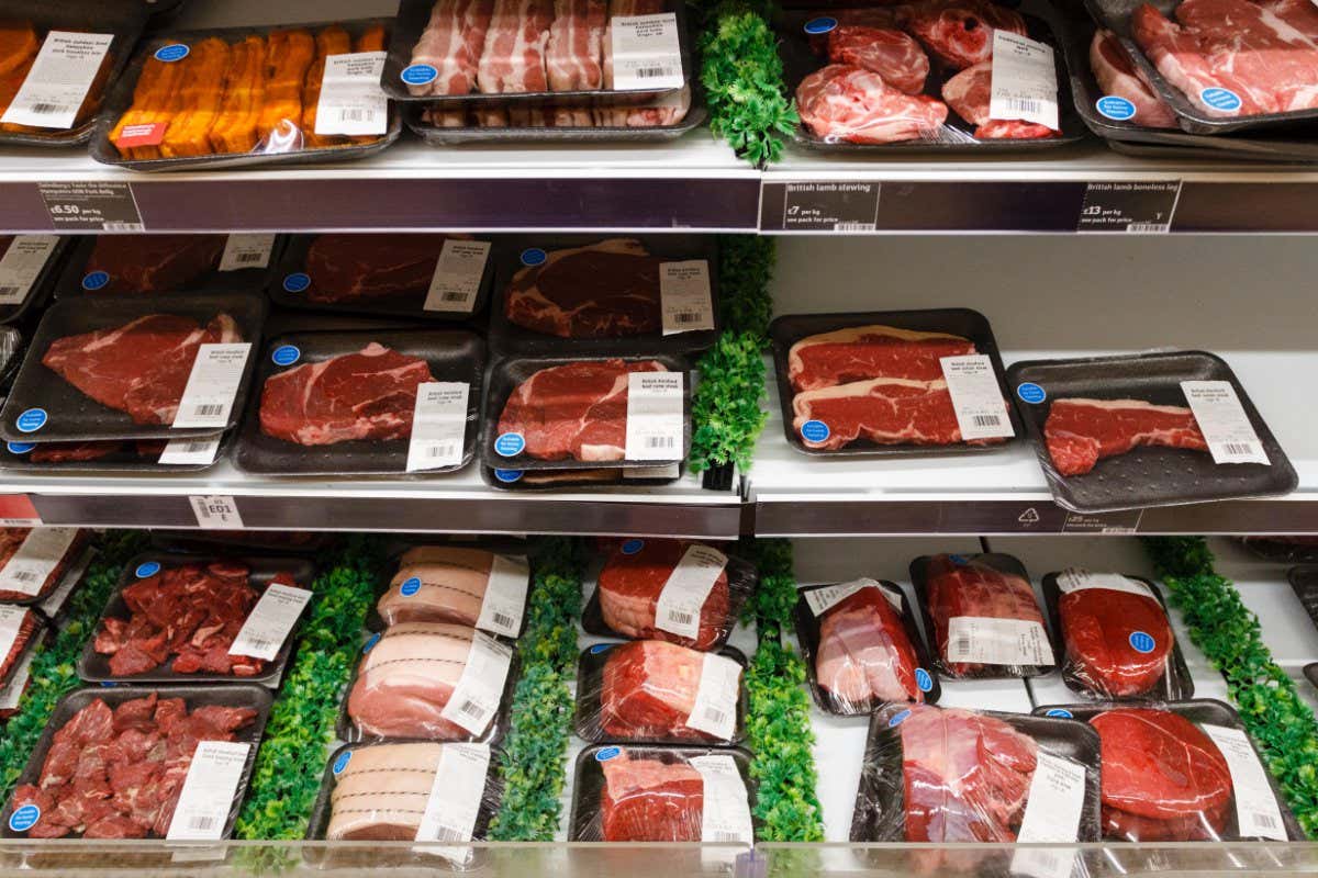 JE4DFK Raw meat fridge with steak, beef and pork in Sainsburys supermaket, East Sussex, UK