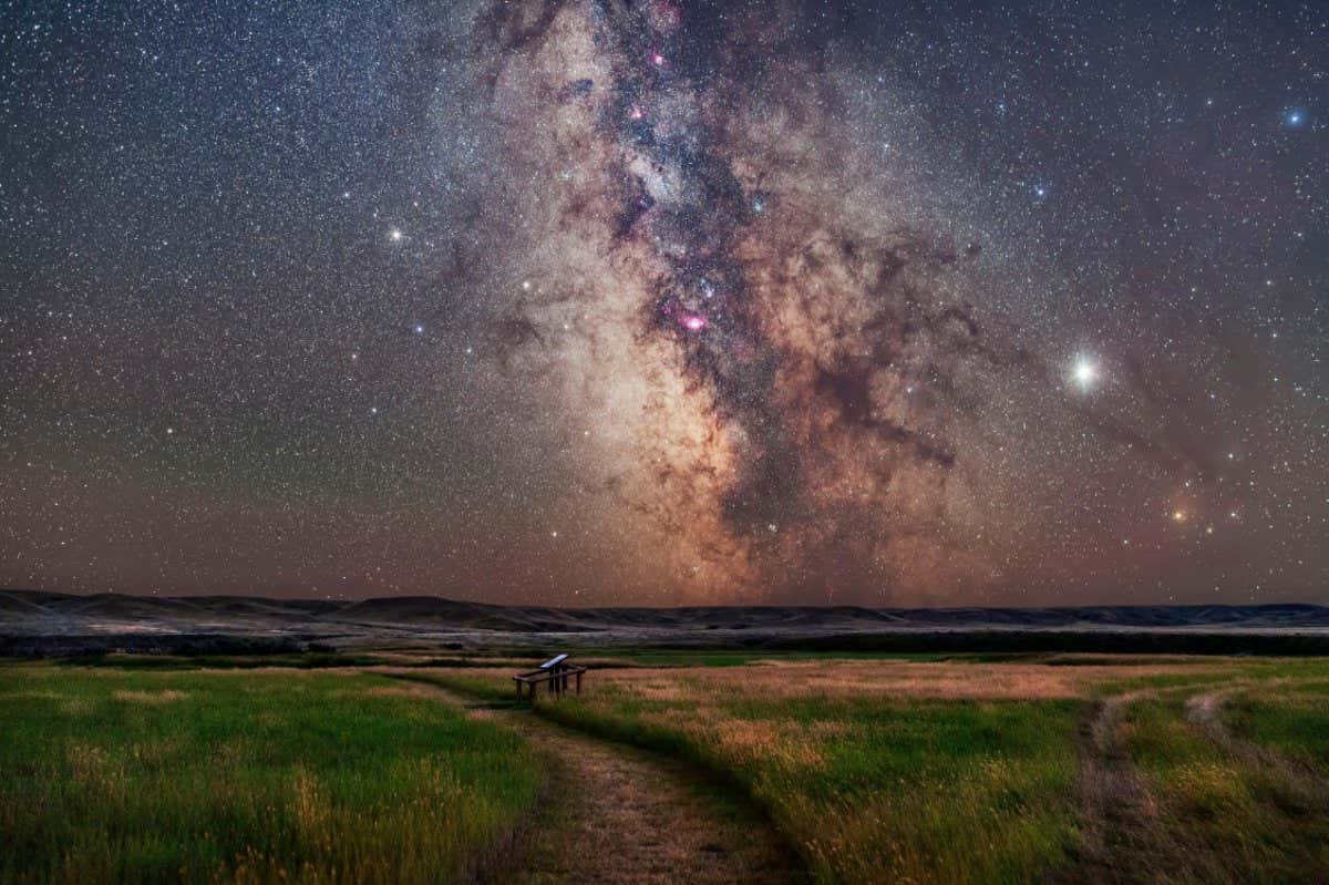 The core of the Milky Way in Sagittarius low in the south over the Frenchman River valley at Grasslands National Park, Saskatchewan.