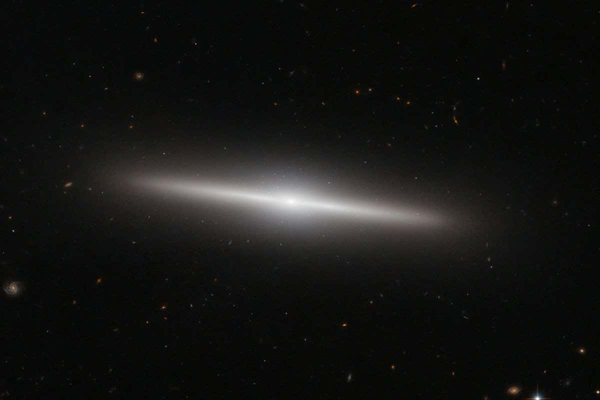 W0MN5G This undated NASA/ESA Hubble Space Telescope image shows the galaxy IC 335 in front of a backdrop of distant galaxies. IC 335 is part of a galaxy group containing three other galaxies, and located in the Fornax Galaxy Cluster 60 million light-years away, December 30, 2014. As seen in this image, the disc of IC 335 appears edge-on from the vantage point of Earth. UPI/NASA