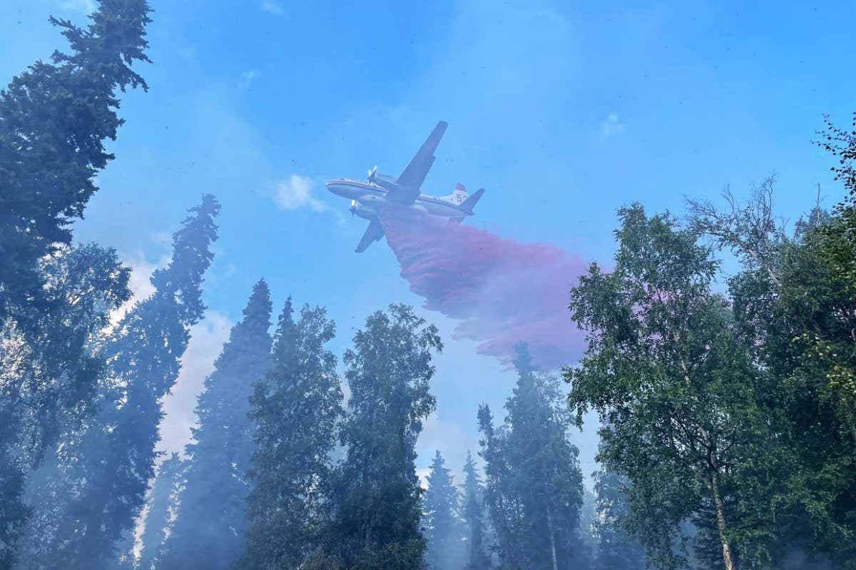 Resources provided mutual aid and responded to five new fires in the Fairbanks area on Monday, July 25th. Two fires are connected to downed trees on powerlines, one involved a structure fire that spread into the wildland, one was unable to be located, and the fifth report resulted in crews monitoring an area for fire activity. Aircraft drops retardant on (600) Old Ridge Trail Fire in Alaska. Photo by James Lily (DOF)