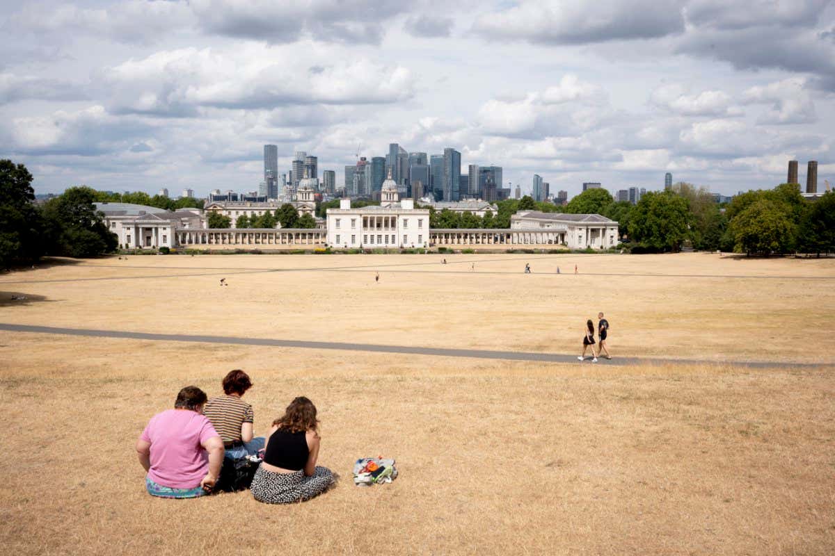 People sitting on parched grass in Greenwich Park, London