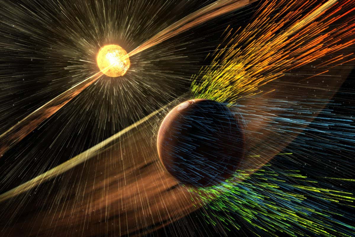 Illustration of Mars being bombarded with solar radiation