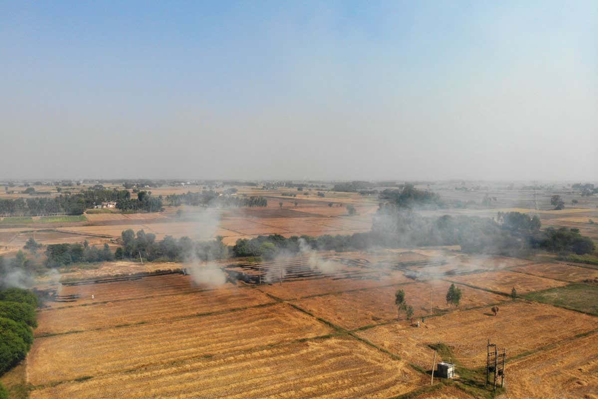 In this aerial picture taken on October 23, 2020, smoke rises from the fields as farmers burn straw stubble on the outskirts of Fatehgarh Sahib, in the northern Indian state of Punjab