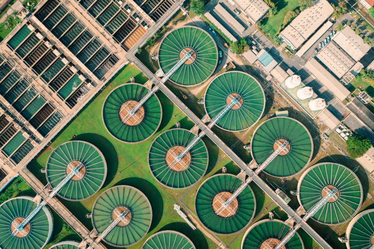 Aerial top view Water Treatment Plant for Purify Water or Environment Conservation.