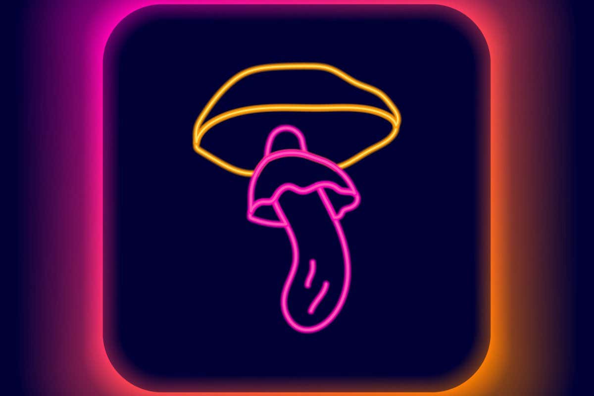 Glowing neon line Psilocybin mushroom icon isolated on black background. Psychedelic hallucination. Colorful outline concept. Vector.