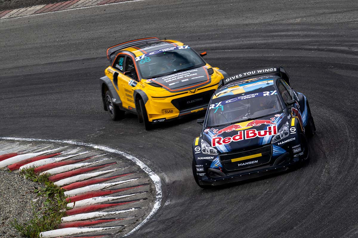 Kevin Hansen and Niclas Groenholm perform during the World Rallycross Championship in Hell, Norway on August 13, 2022.