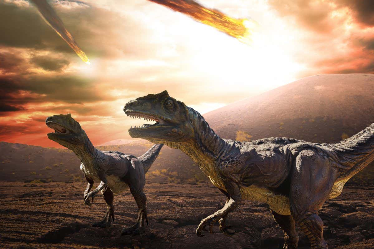 Illustration of dinosaurs with meteorite