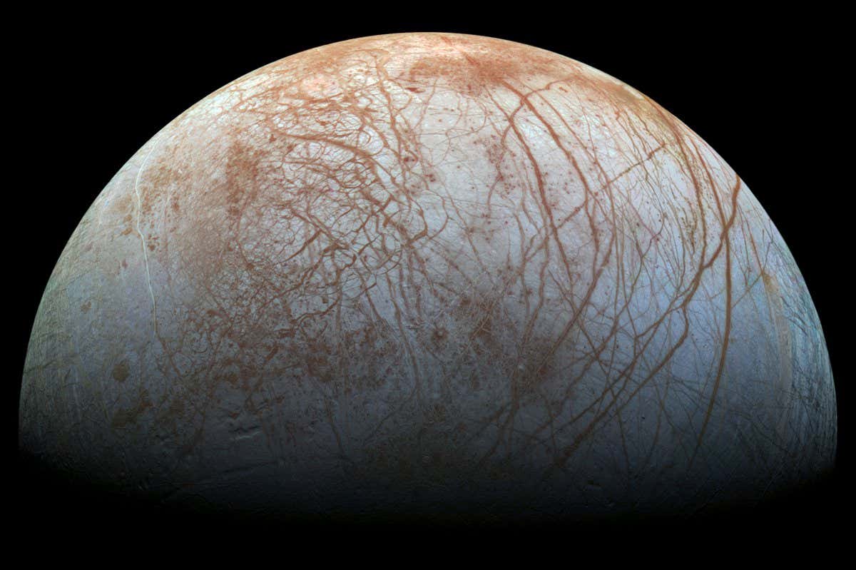 Original Caption Released with Image: The puzzling, fascinating surface of Jupiter's icy moon Europa looms large in this newly-reprocessed color view, made from images taken by NASA's Galileo spacecraft in the late 1990s. This is the color view of Europa from Galileo that shows the largest portion of the moon's surface at the highest resolution. The view was previously released as a mosaic with lower resolution and strongly enhanced color (see PIA02590). To create this new version, the images were assembled into a realistic color view of the surface that approximates how Europa would appear to the human eye. The scene shows the stunning diversity of Europa's surface geology. Long, linear cracks and ridges crisscross the surface, interrupted by regions of disrupted terrain where the surface ice crust has been broken up and re-frozen into new patterns. Color variations across the surface are associated with differences in geologic feature type and location. For example, areas that appear blue or white contain relatively pure water ice, while reddish and brownish areas include non-ice components in higher concentrations. The polar regions, visible at the left and right of this view, are noticeably bluer than the more equatorial latitudes, which look more white. This color variation is thought to be due to differences in ice grain size in the two locations. Images taken through near-infrared, green and violet filters have been combined to produce this view. The images have been corrected for light scattered outside of the image, to provide a color correction that is calibrated by wavelength. Gaps in the images have been filled with simulated color based on the color of nearby surface areas with similar terrain types. This global color view consists of images acquired by the Galileo Solid-State Imaging (SSI) experiment on the spacecraft's first and fourteenth orbits through the Jupiter system, in 1995 and 1998, respectively. Image scale is 1 mile (1.6 kilometers) per pixel. North on Europa is at right. The Galileo mission was managed by NASA's Jet Propulsion Laboratory in Pasadena, California, for the agency's Science Mission Directorate in Washington. JPL is a division of the California Institute of Technology, Pasadena. Additional information about Galileo and its discoveries is available on the Galileo mission home page at http://solarsystem.nasa.gov/galileo/. More information about Europa is available at http://solarsystem.nasa.gov/europa. Image Credit: NASA/JPL-Caltech/SETI Institute