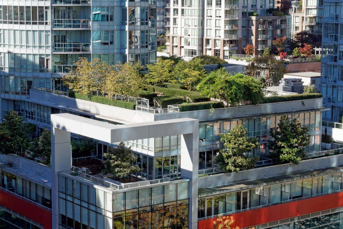 R1XNWN Rooftop gardens on modern office buildings in downtown Vancouver, BC, Canada