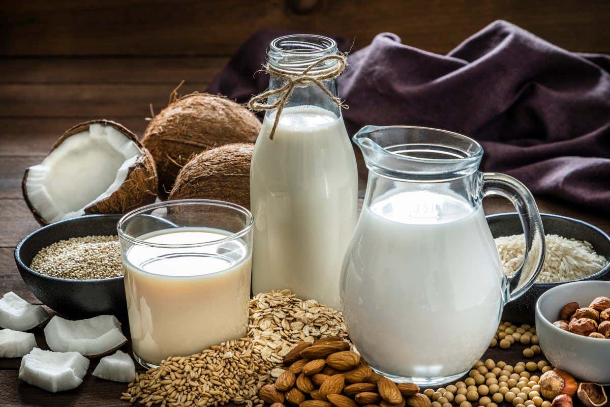 A glass and jugs containing vegan milks