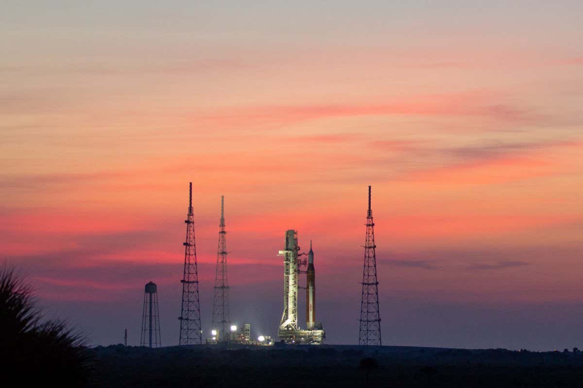 NASA's Space Launch System (SLS) rocket with the Orion spacecraft aboard at the Kennedy Space Center in Florida