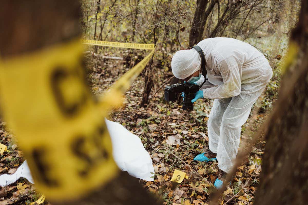 Experienced inspector or investigator in protective suite collecting evidence and taking photos about crime scene in the forest.