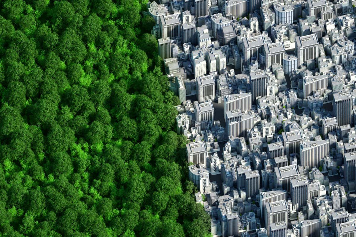 Digital generated image of two semi spheres connected together in one planet. Left part covered by trees against right part fully urban and covered by buildings. Sustainability concept.