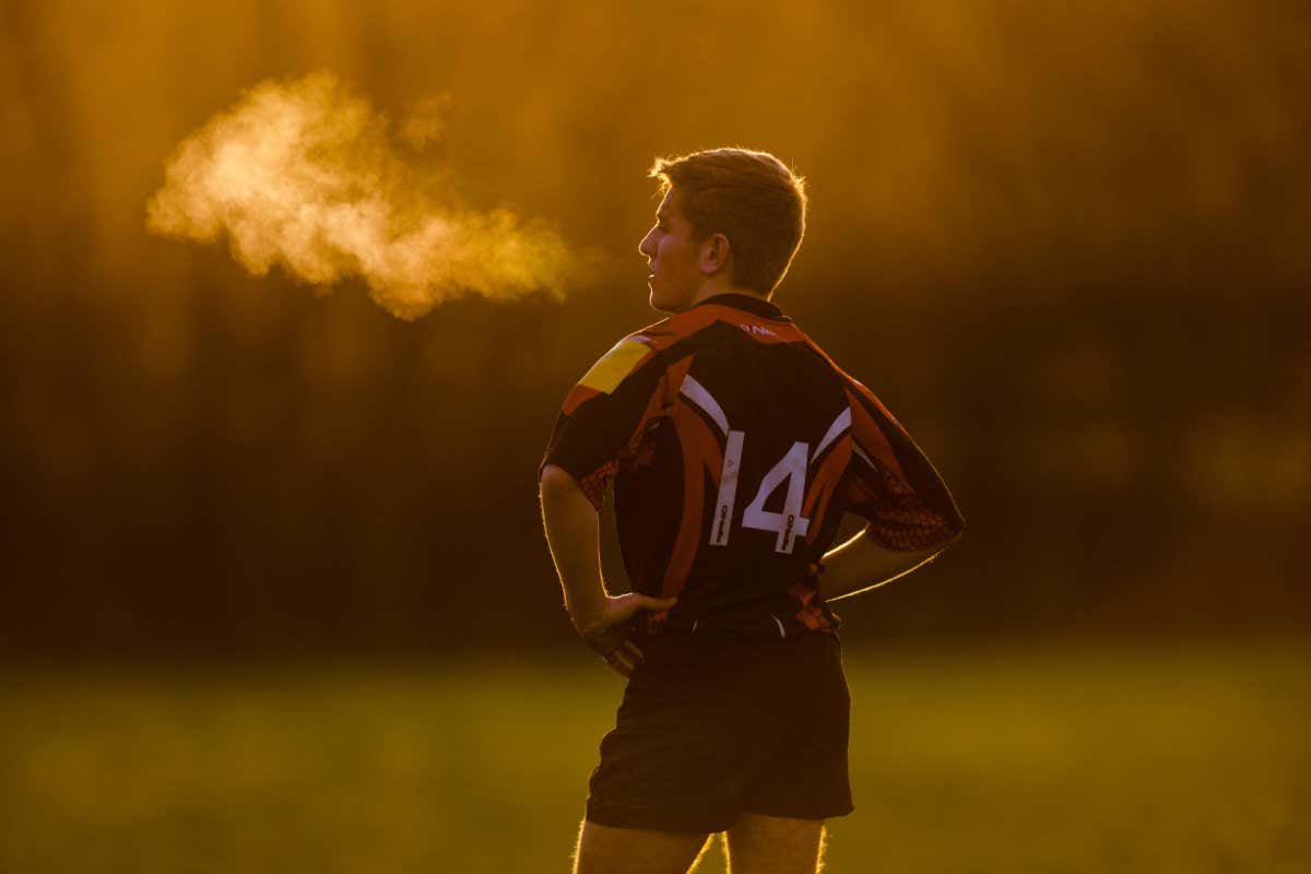 EG8YTA Rugby player breathing during cold weather