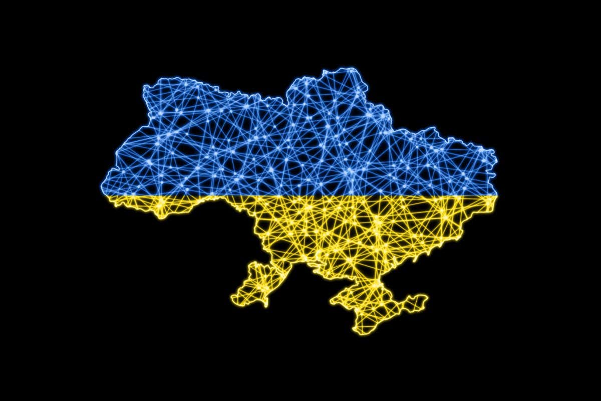 Ukraine map with blue and yellow meshline. Cyber war against Russia over Ukraine.; Shutterstock ID 2148187449; purchase_order: -; job: -; client: -; other: -