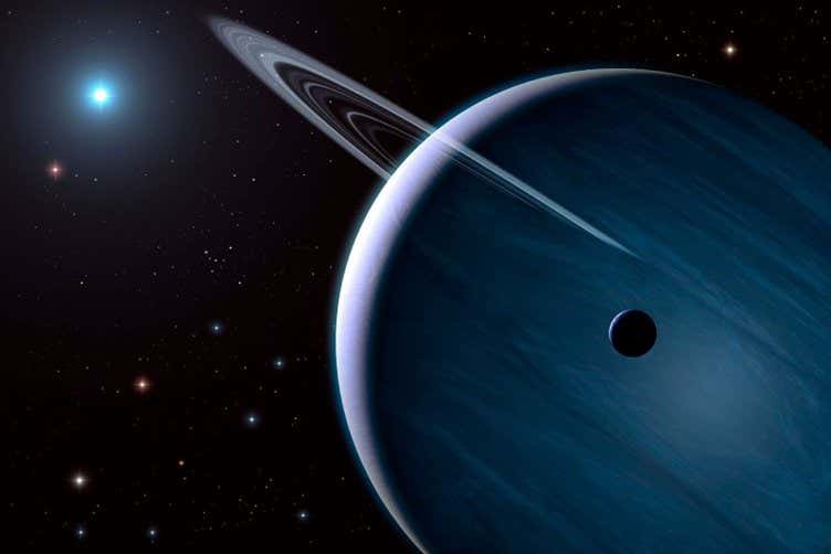 Artist’s impression of a BEASTie. The image shows a gas giant planet (like Jupiter) on a distant orbit around a blue, massive star. The planet is likely to have been captured or stolen from another star. The background stars are members of the same star-forming region and could be the star the BEASTie was born around.