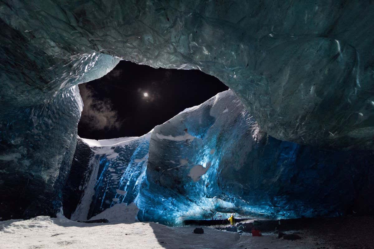 A Frozen Planet II team set up to film inside a mountain glacier in Iceland