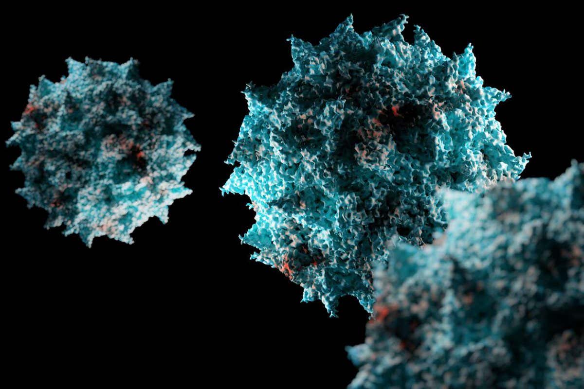 2JMTF7C Polio virus medical science illustration, 3d rendering of poliovirus in black background.