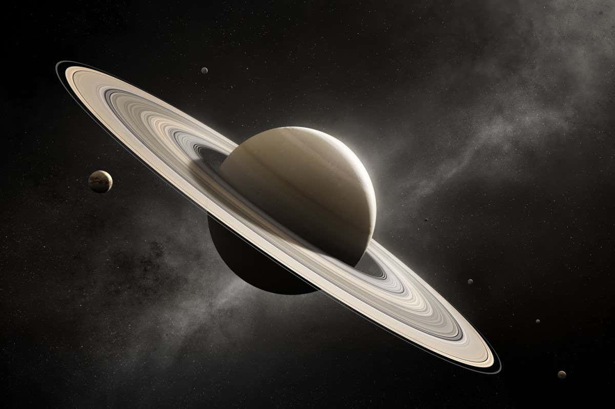 Planet Saturn in deep space with major moons according to scale (Elements of planet texture for 3d render furnished by NASA