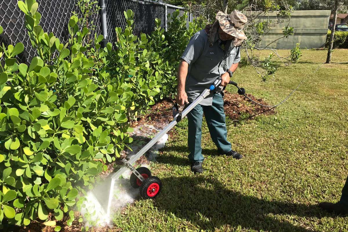A picture of a man spraying hot foam on weeds