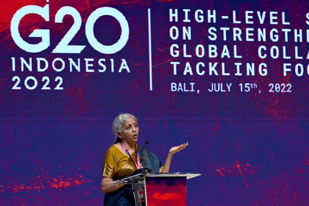 Mandatory Credit: Photo by Sonny Tumbelaka/AP/Shutterstock (13032695ae) Indian Finance Minister Nirmala Sitharaman delivers her remarks during the High Level Seminar on Strengthening Global Collaboration for Tackling Food Insecurity on the sidelines of the G20 Finance Ministers and Central Bank Governors Meeting in Nusa Dua, Bali, Indonesia G20 Finance Ministers Meeting, Nusa Dua, Indonesia - 15 Jul 2022