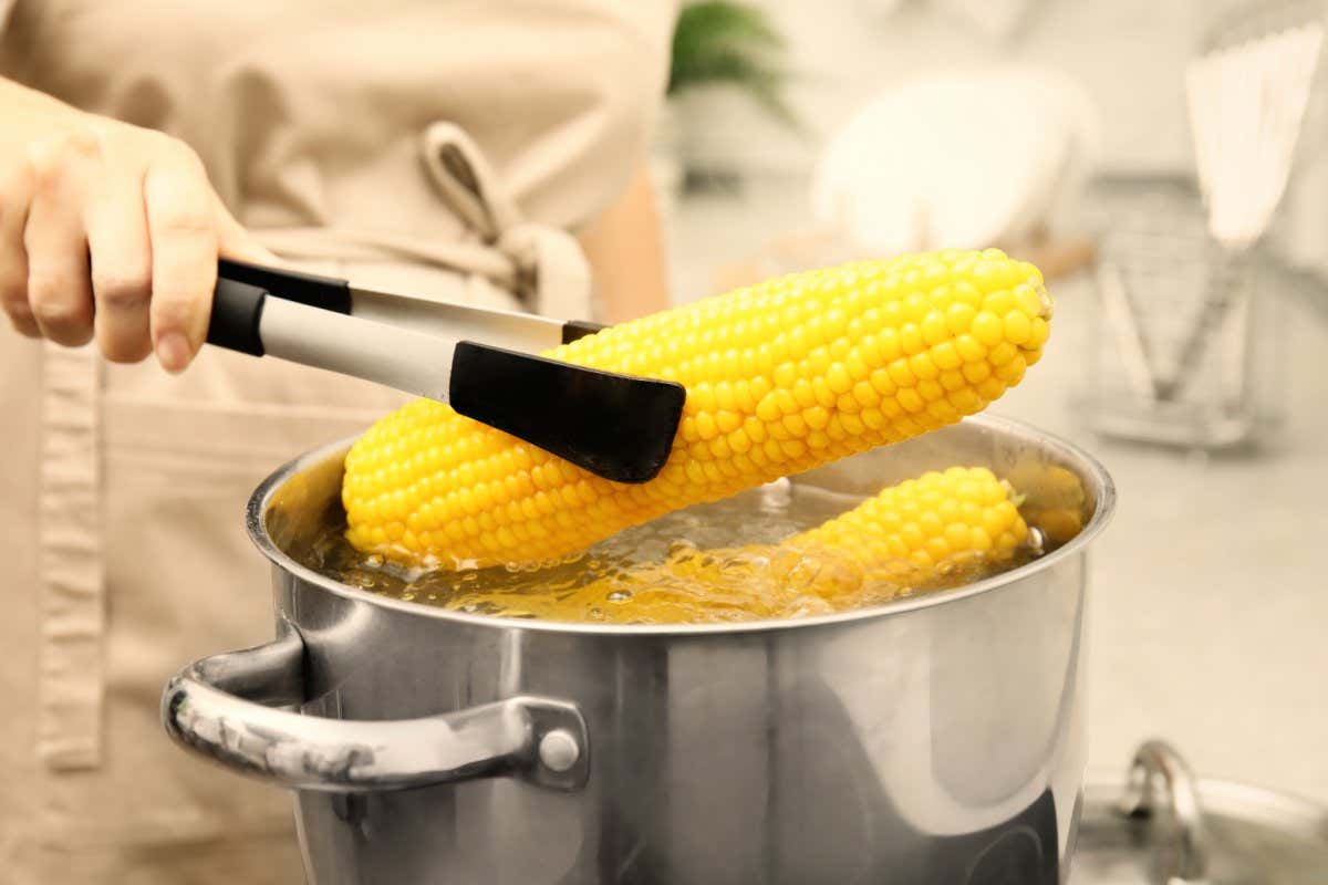 Woman taking boiled corn from pot with tongs in kitchen, closeup; Shutterstock ID 1835084641; purchase_order: 011022; job: NS; client: NS; other: