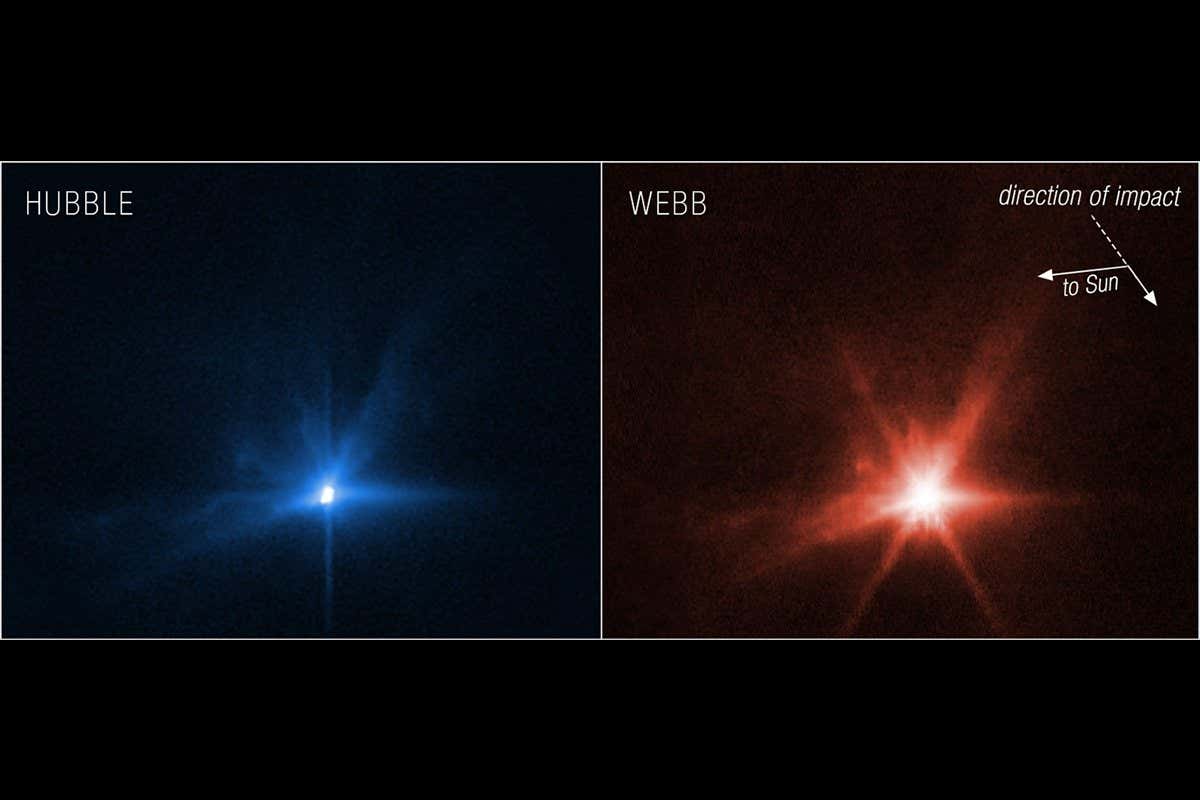 For the first time, NASA?s James Webb Space Telescope and Hubble Space Telescope have taken simultaneous observations of the same target. These images, Hubble on left and Webb on the right, show observations of the Didymos-Dimorphos system several hours after NASA?s Double Asteroid Redirection Test (DART) intentionally impacted the moonlet asteroid. It was the world?s first test of the kinetic impact technique using a spacecraft to deflect an asteroid by modifying its orbit. Both Webb and Hubble observed the asteroid before and after the collision took place. Scientists will use the combined observations from Hubble and Webb to gain knowledge about the nature of the surface of Dimorphos, how much material was ejected by the collision, how fast it was ejected, and the distribution of particle sizes in the expanding dust cloud. In the coming months, scientists will also use Webb?s Mid-Infrared Instrument (MIRI) and Near-Infrared Spectrograph (NIRSpec) to observe ejecta from Dimorphos further. Spectroscopic data will provide researchers with insight into the asteroid?s composition. Hubble will monitor Dimorphos ten more times over the next three weeks to monitor how the ejecta cloud expands and fades over time. Hubble observations were conducted in one filter, WFC3/UVIS F350LP (assigned the color blue), while Webb observed at F070W (0.7 microns, assigned the color red).