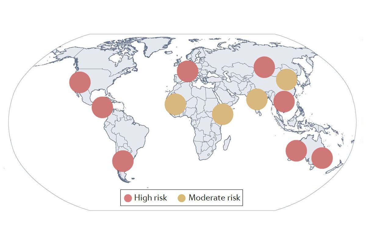 On the map, regions of ?high risk? in the late twenty- first century (red circles) experience mean shifts in the multi- model ensemble towards drier conditions (for example, western North America, Europe, Central America), whereas those with ?moderate risk? (orange circles) typically experience small increases in megadrought risk associated with subsets of models rather than any coherent ensemble- mean shift (for example, West Africa, northern China).