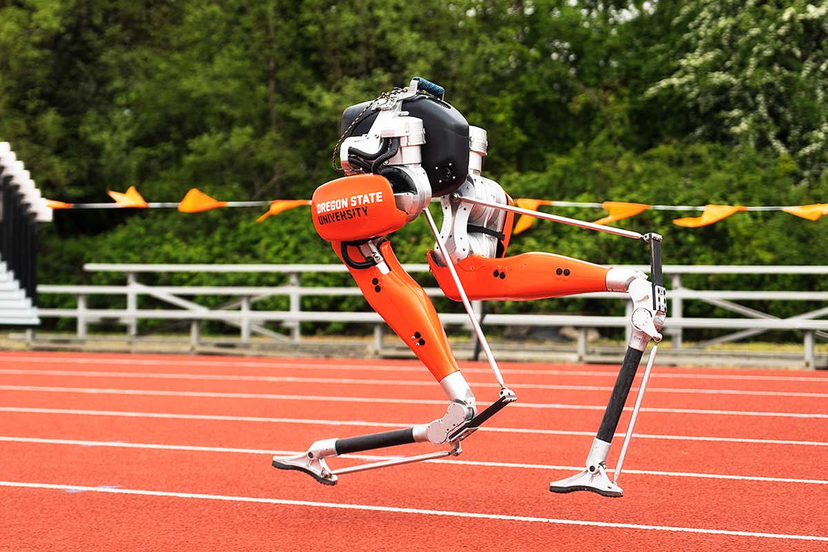 Cassie the robot running on a track