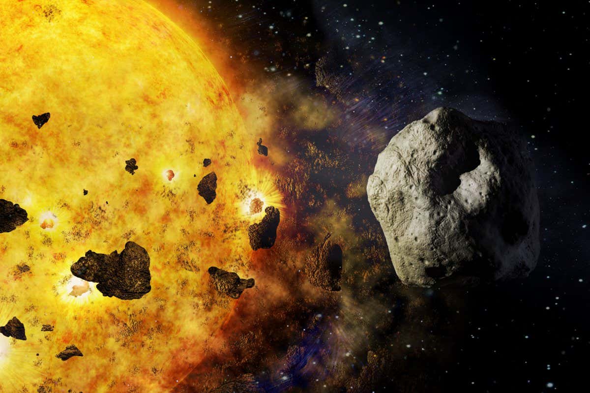 Fragments of a meteorite near the sun, huge stone rocks fly at the space. Elements of this image furnished by NASA.; Shutterstock ID 1969898527; purchase_order: -; job: -; client: -; other: -