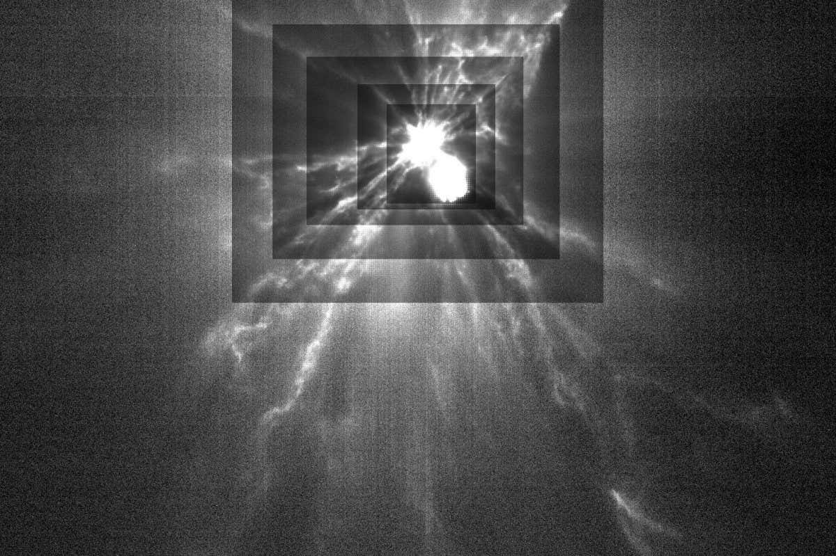 This image from ASI?s LICIACube show the plumes of ejecta streaming from the Dimorphos asteroid after NASA?s Double Asteroid Redirect Test, or DART, mission, made impact with it on Sept. 26, 2022. Each rectangle represents a different level of contrast in order to better see fine structure in the plumes. By studying these streams of material, we will be able to learn more about the asteroid and the impact process. Credits: ASI/NASA/APL