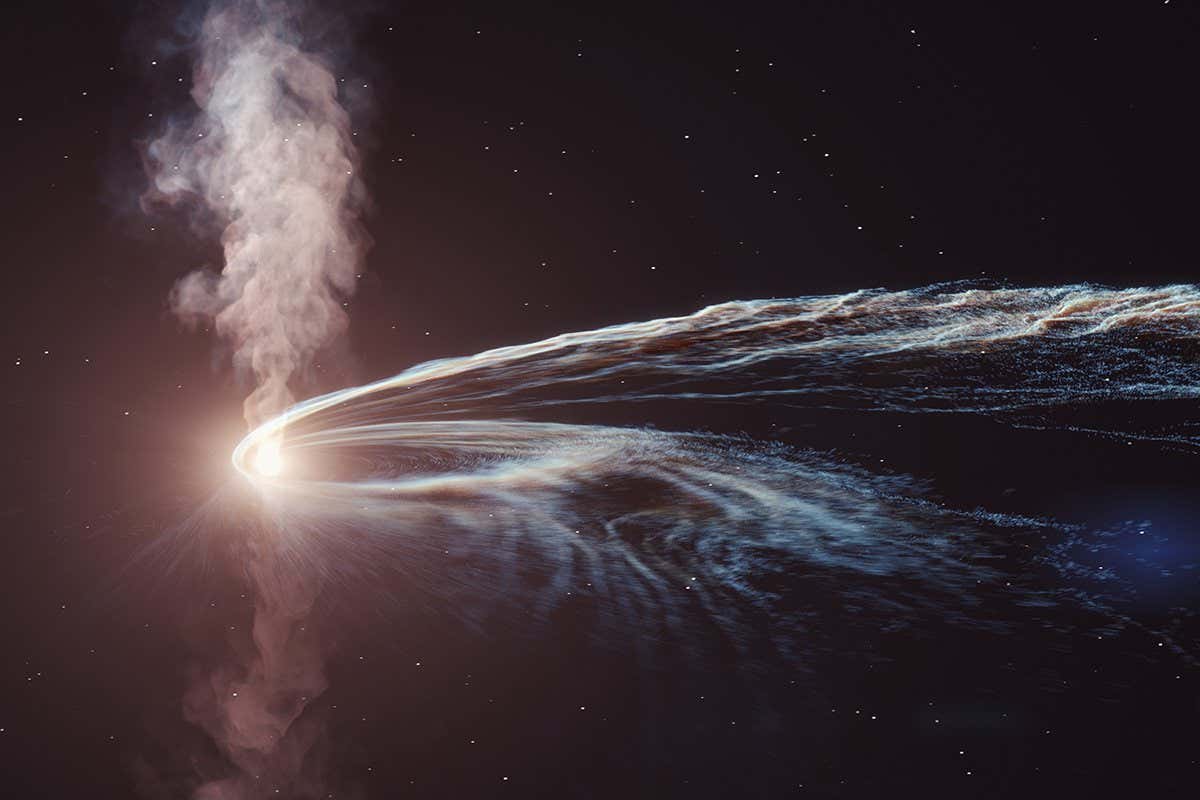 Artist?s illustration of tidal disruption event where a supermassive black hole spaghettifies and gobbles down a star. Some of the material is not consumed by the black hole and is flung back out into space.