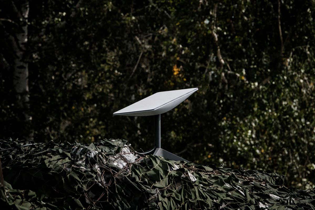 This photograph taken on September 25, 2022, shows an antenna of the Starlink satellite-based broadband system donated by the US tech billionaire Elon Musk in Izyum, Kharkiv region, amid the Russian invasion of Ukraine. (Photo by Yasuyoshi CHIBA / AFP) (Photo by YASUYOSHI CHIBA/AFP via Getty Images)
