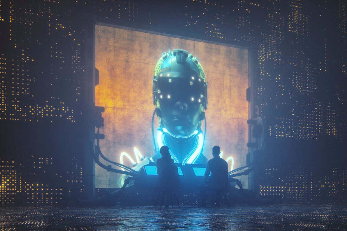 Futuristic cyborg religion and control. Image on the projection screen is my own render, already approved and in my portfolio. This is entirely 3D generated image.