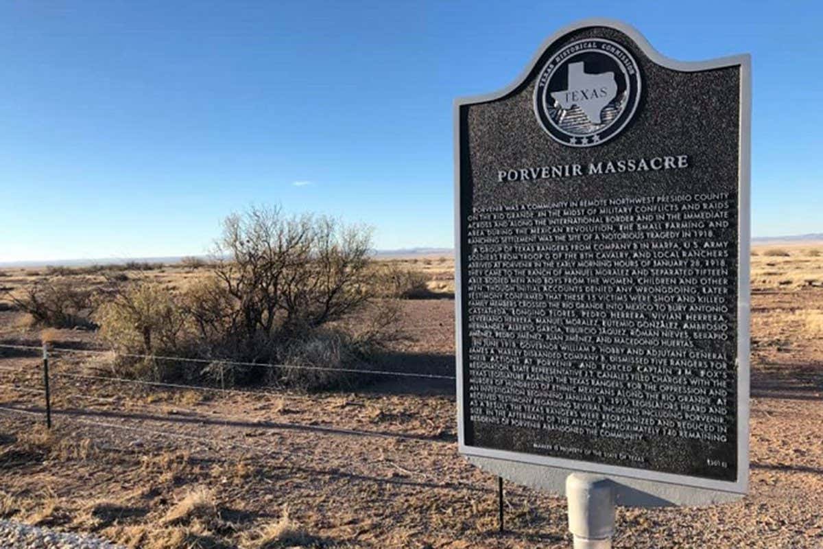 A sign at the Porvenir massacre site