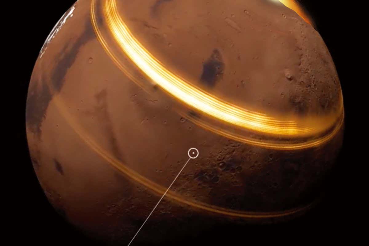 A simulation of seismic waves moving across the surface of Mars