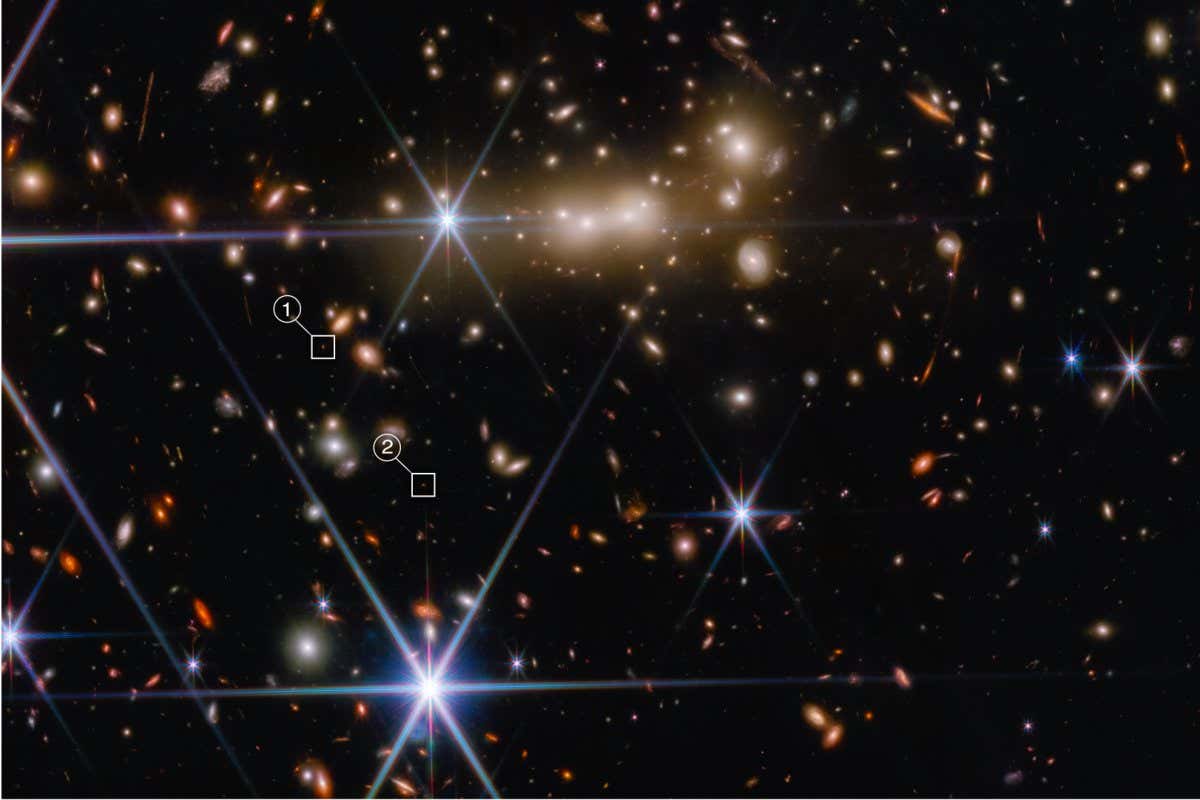 Light from MACS0647-JD is bent and magnified by the massive gravity of this cluster of galaxies, called MACS0647, causing it to appear in multiple places (highlighted in boxes)