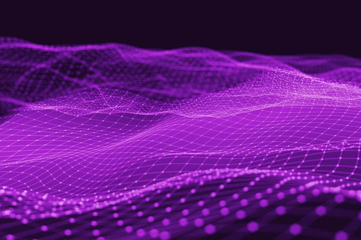 2B77TB8 3D rendering of abstract digital waves and bright square particles in space. Futuristic background made of dots, particles and mesh