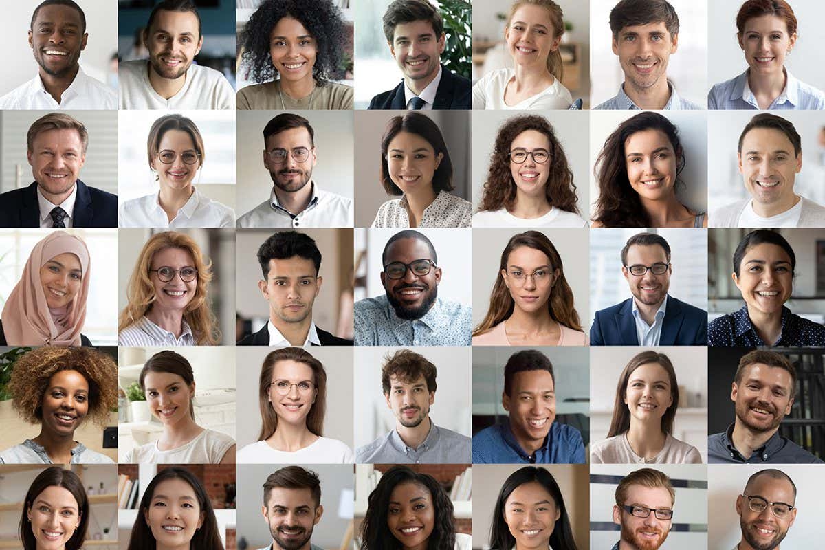 Many happy diverse ethnicity different young and old people group headshots in collage mosaic collection. Lot of smiling multicultural faces looking at camera. Human resource society database concept.