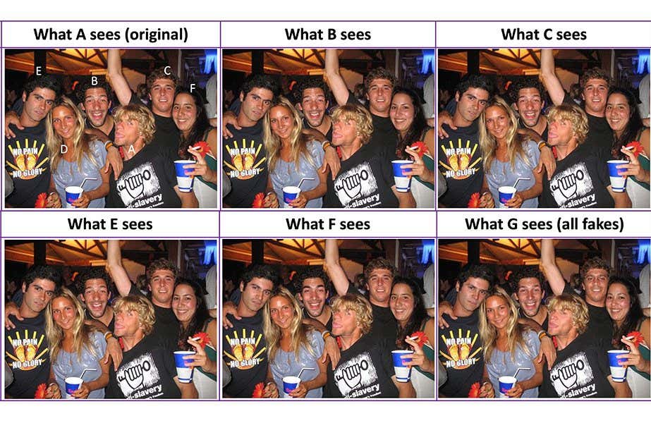 Multiple versions of a group photo with faces altered