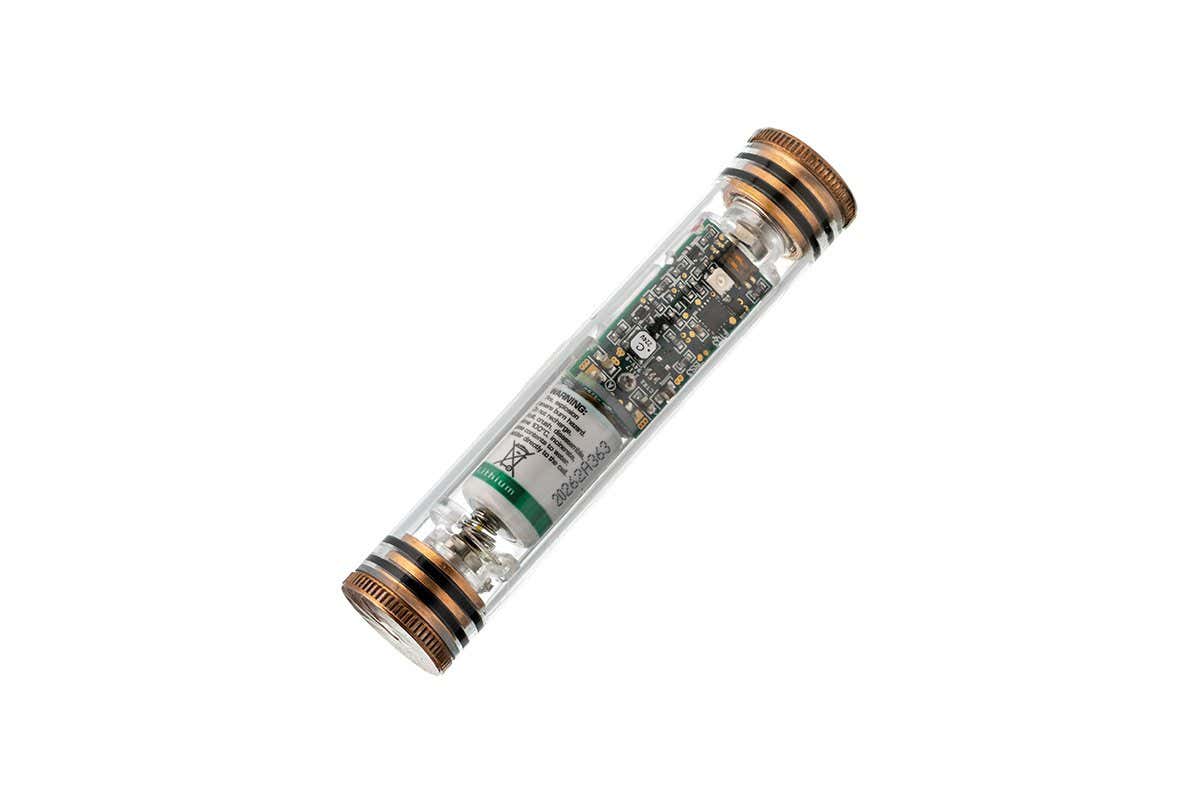 A cylindrical device roughly the size of a pinky against a white background. The device has two bronze-colored caps on the end, and through the transparent housing, internal electronics are visible.