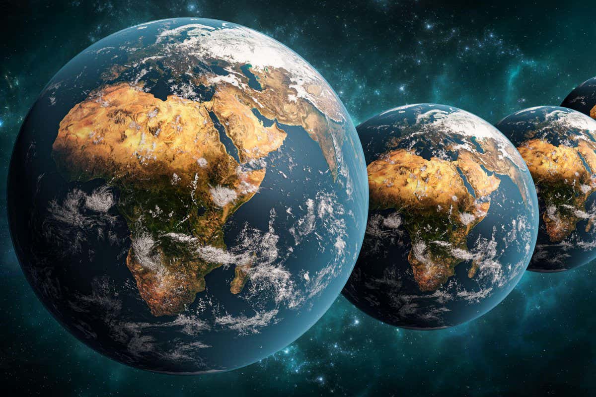 2C8PP67 Alignment or array of many Earth planet in outer space scenery 3D rendering illustration. Multiverse or parallel universes concept. Earth textures pro