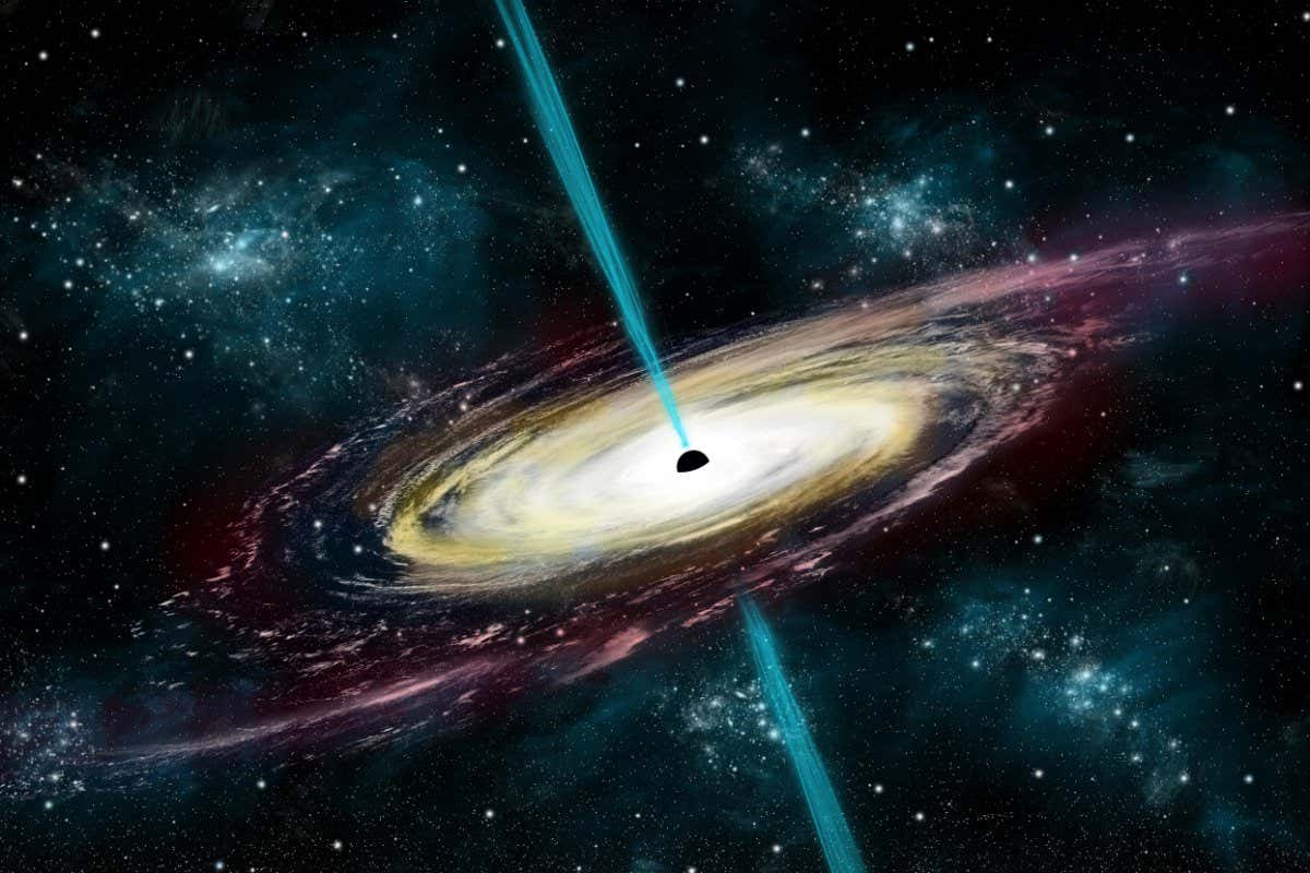 F6ND3J An artist's depiction of a black hole in interstellar space pulling in gas and dust that start to heat. Gamma ray bursts exit at