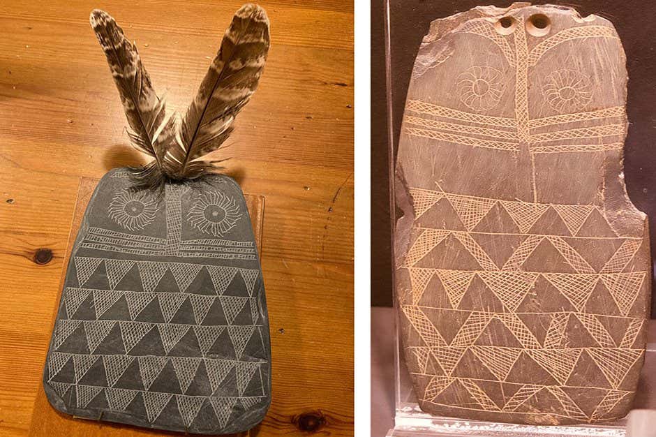 Slate plaques with owl-like images