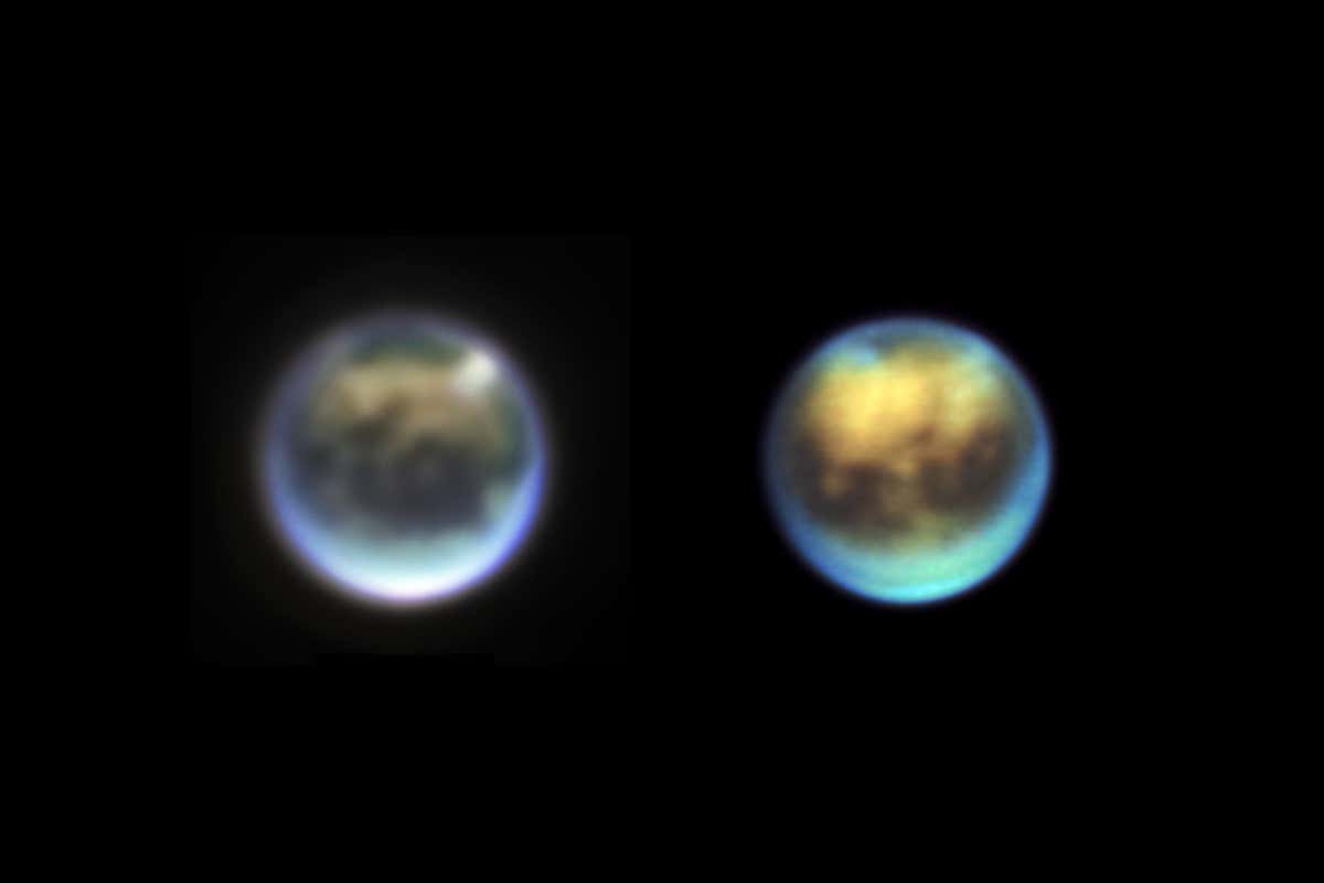 Clouds on Titan over 36 hours between November 4 and November 6, 2022, as seen by JWST (left) and Keck (right)