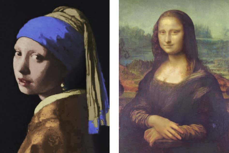 Fig. 4 | PhotGirl with a Pearl Earring and Mona Lisa, in miniatureorealistic plasmonic full-colour nanopainting. a, Schematic diagram of designing a patterned metasurface for simultaneously realizing various colour hues and brightness. b?d, Experimentally captured optical photographs of the metasurface-based artworks Girl with a Pearl Earring Matching image (b), Mona Lisa (c) and Virgin of the Rocks (d). The images show ultrasmooth transitions between the different colour hues and brightness by using our plasmonic colouring approach. Scale bars, 200??m.