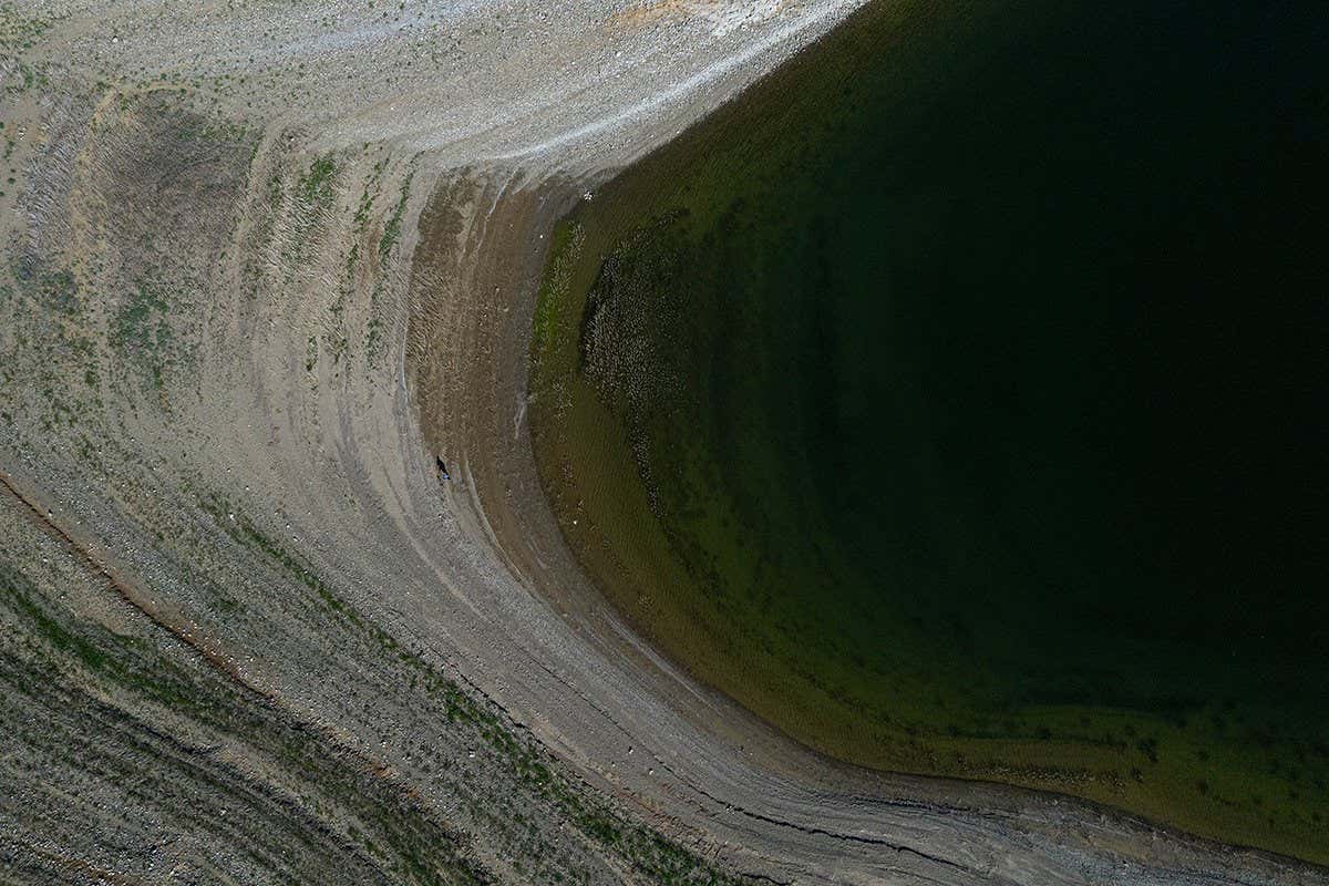 A dried lake bed at the San Luis Reservoir